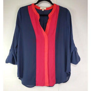 Meraki Large Color block Blue Pink Orange Meraki Brand 3/4 Sleeve V Neck blouse